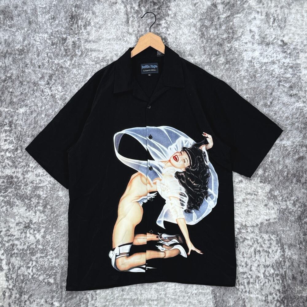 Vintage Bettie Page x Dragonfly Shirt XL Mens Pinup Short Sleeve Button